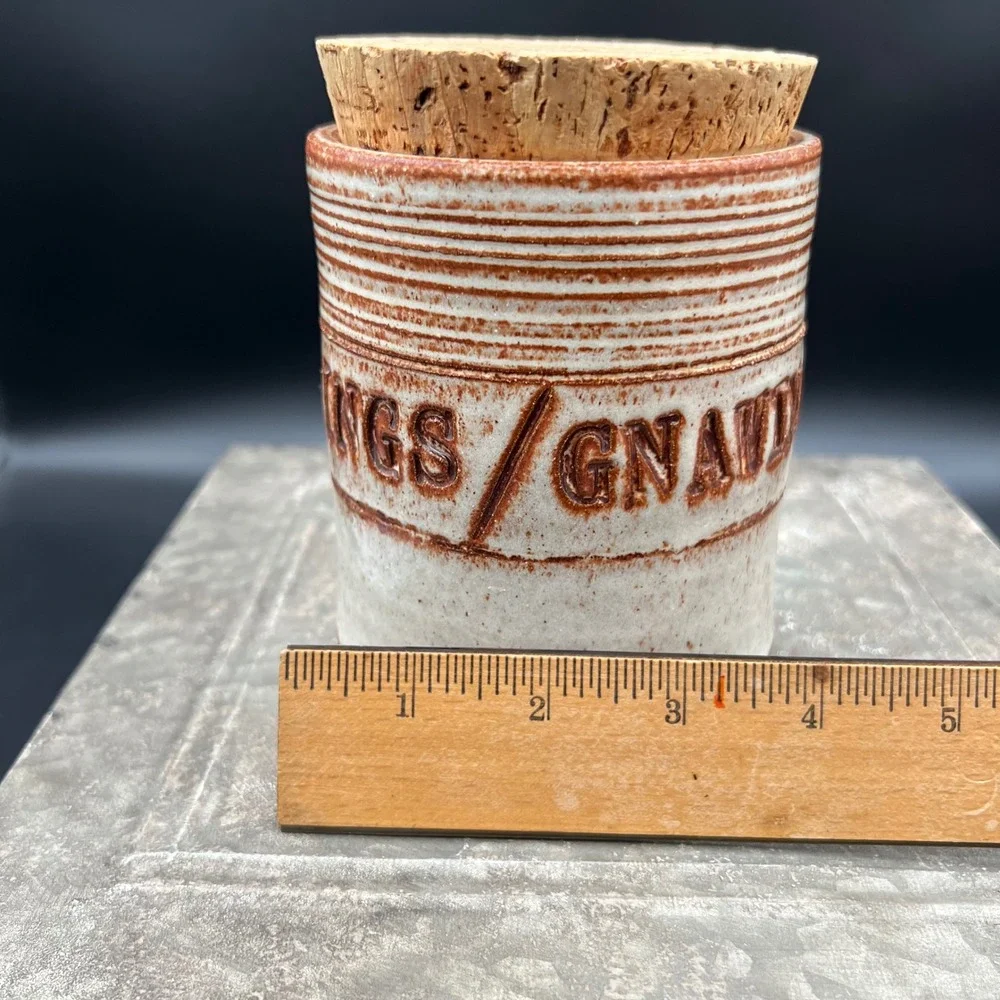 Pottery Gnawings Canister Signed Artisan Stoneware Jar with Cork Lid 5.5in